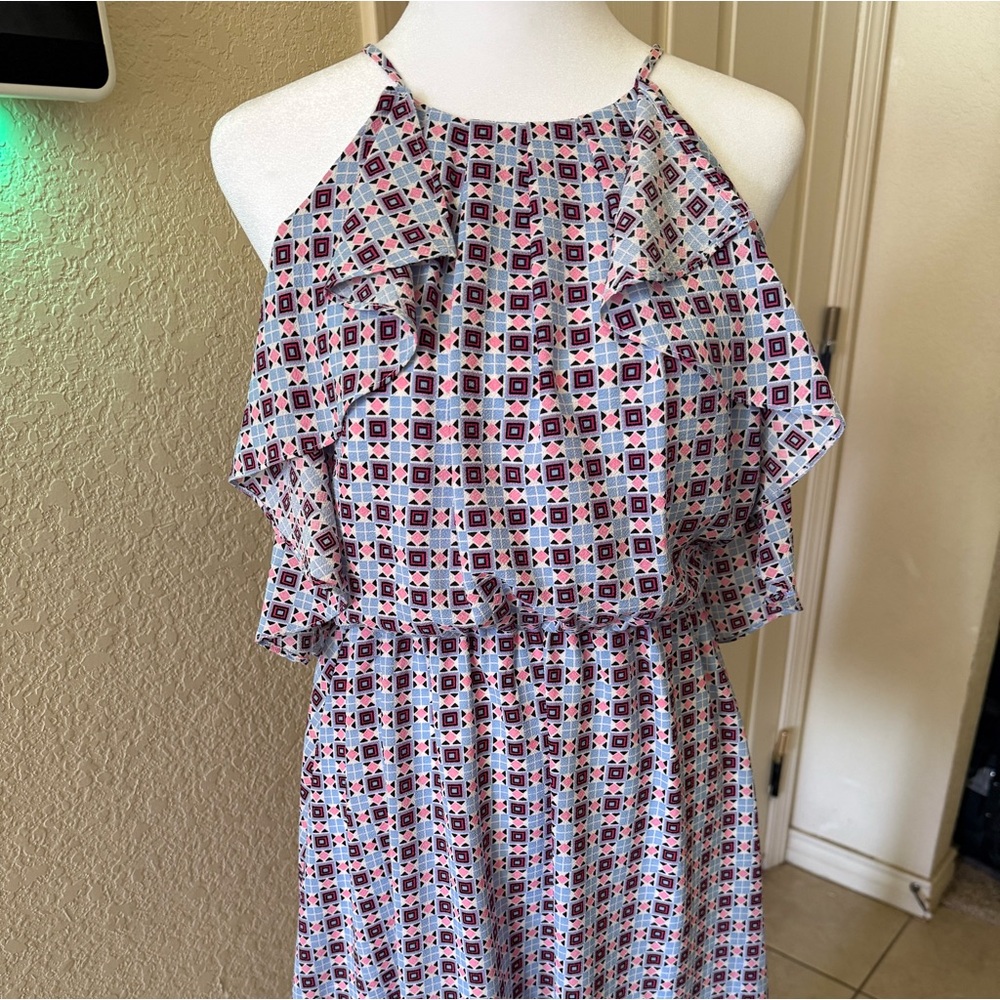 Takara Pink Blue Geo Print Ruffle Halter Dress
